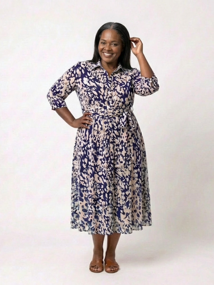 Oriana | Midi-Kleid für Damen mit Kragen, langen Ärmeln und Taillengürtel