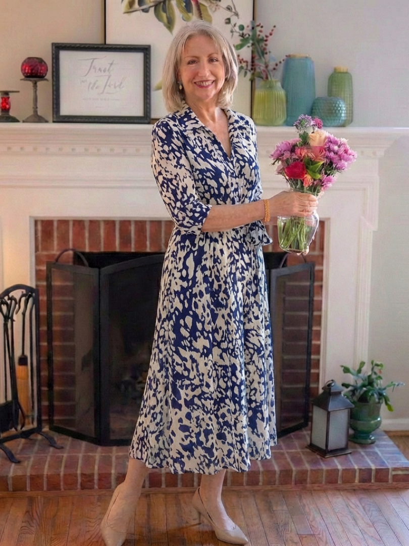 Oriana | Midi-Kleid für Damen mit Kragen, langen Ärmeln und Taillengürtel