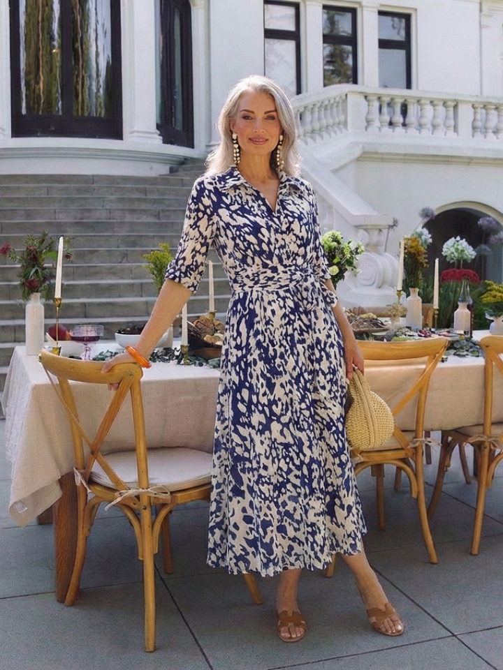 Oriana | Midi-Kleid für Damen mit Kragen, langen Ärmeln und Taillengürtel