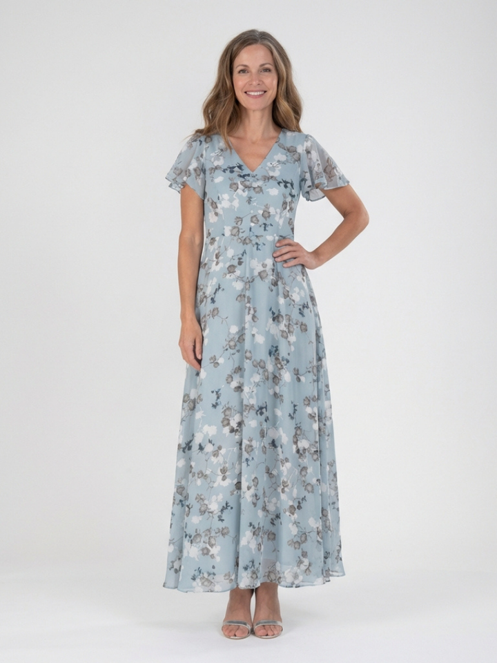 Ismeria | Floral Maxikleid für Damen mit V-Ausschnitt und kurzen Ärmeln