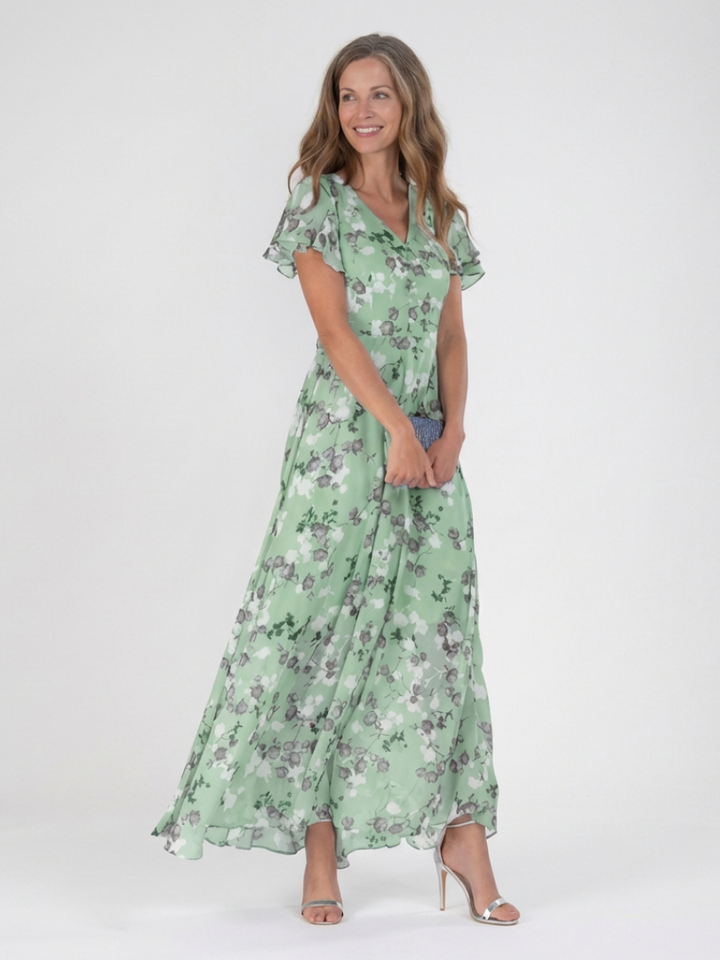Ismeria | Floral Maxikleid für Damen mit V-Ausschnitt und kurzen Ärmeln