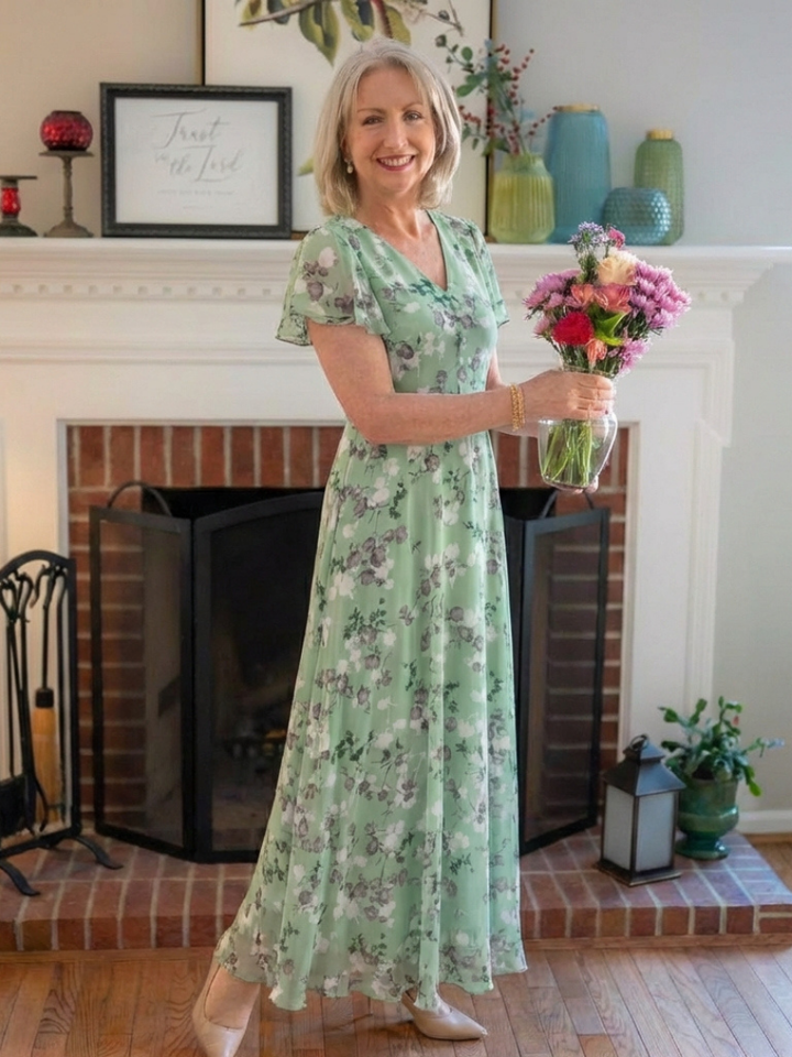 Ismeria | Floral Maxikleid für Damen mit V-Ausschnitt und kurzen Ärmeln