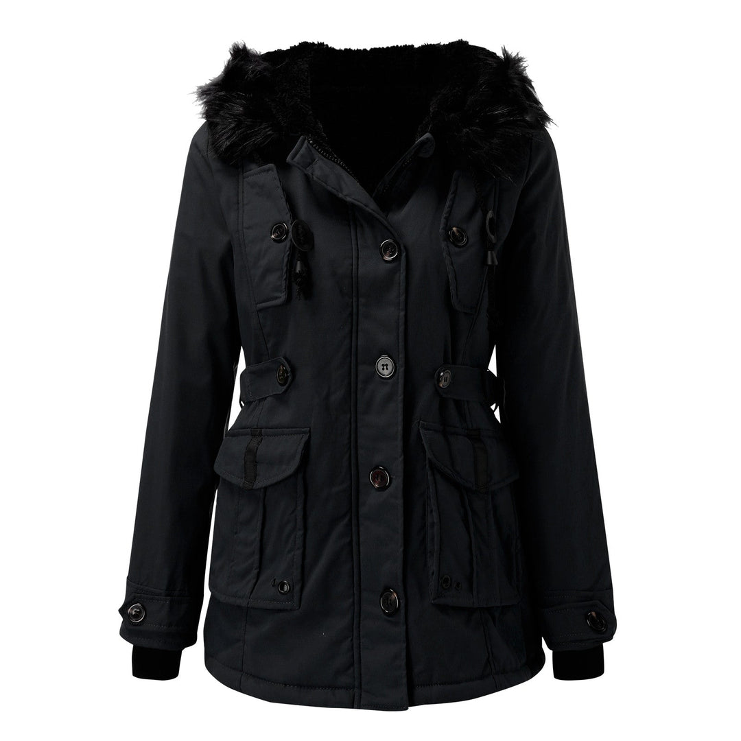 Damenparka mit Knöpfen, Kapuze und Taschen