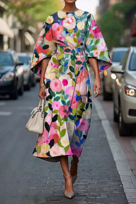 Moxlan | Schickes Blumeneleganzkleid für Damen mit Rundhalsausschnitt