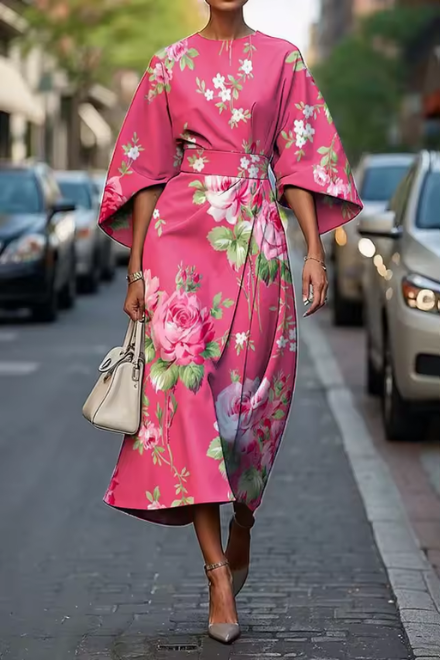 Moxlan | Schickes Blumeneleganzkleid für Damen mit Rundhalsausschnitt