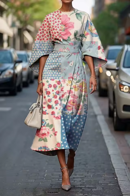Moxlan | Schickes Blumeneleganzkleid für Damen mit Rundhalsausschnitt