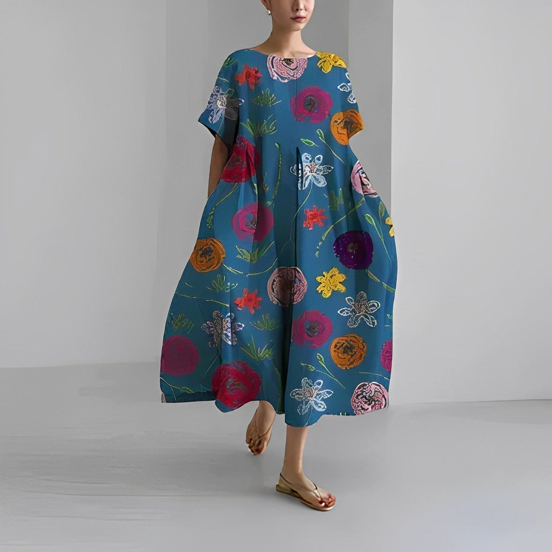 Floria | Lebhaftes Blumenkleid für Damen mit Rundhalsausschnitt und kurzen Ärmeln
