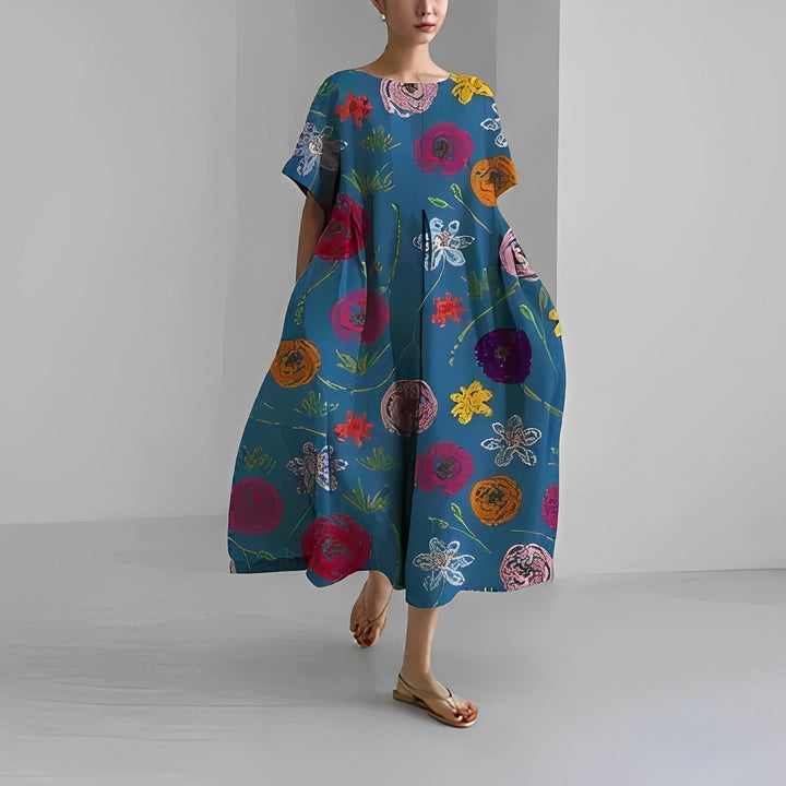 Floria | Lebhaftes Blumenkleid für Damen mit Rundhalsausschnitt und kurzen Ärmeln