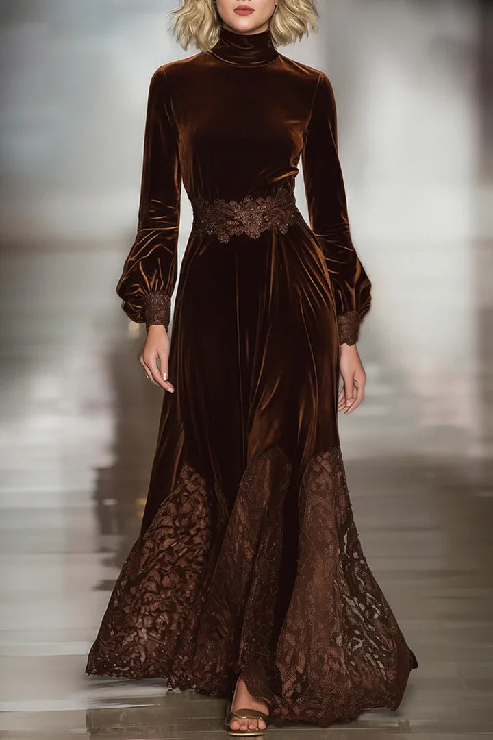 Maxi-Kleid für Damen mit Patchwork und Ballonärmeln und Blumenmuster
