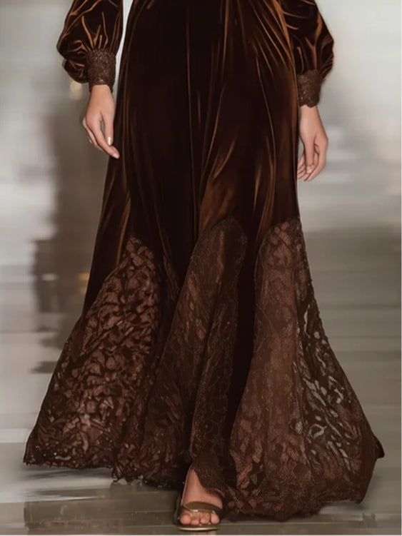 Maxi-Kleid für Damen mit Patchwork und Ballonärmeln und Blumenmuster