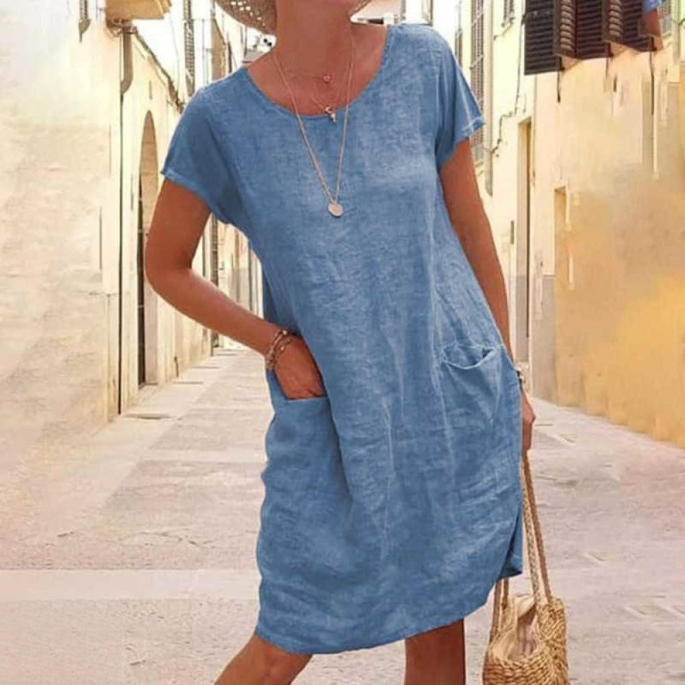 Greta | Damen-Minikleid mit kurzen Ärmeln, Rundhalsausschnitt und Taschen