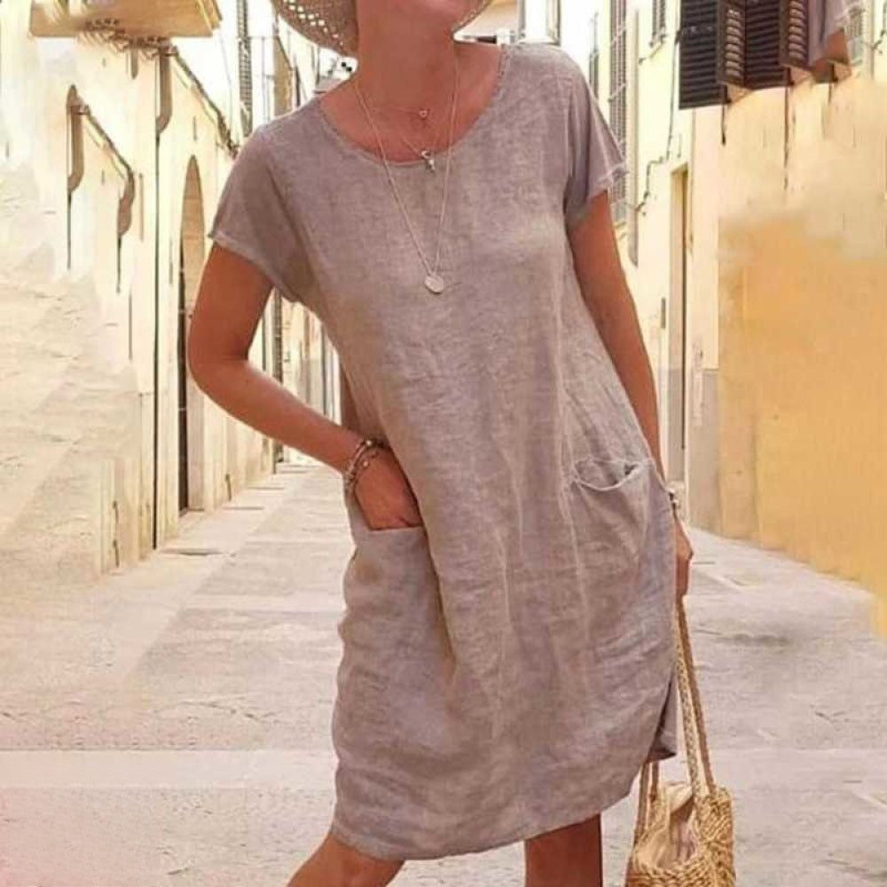 Greta | Damen-Minikleid mit kurzen Ärmeln, Rundhalsausschnitt und Taschen