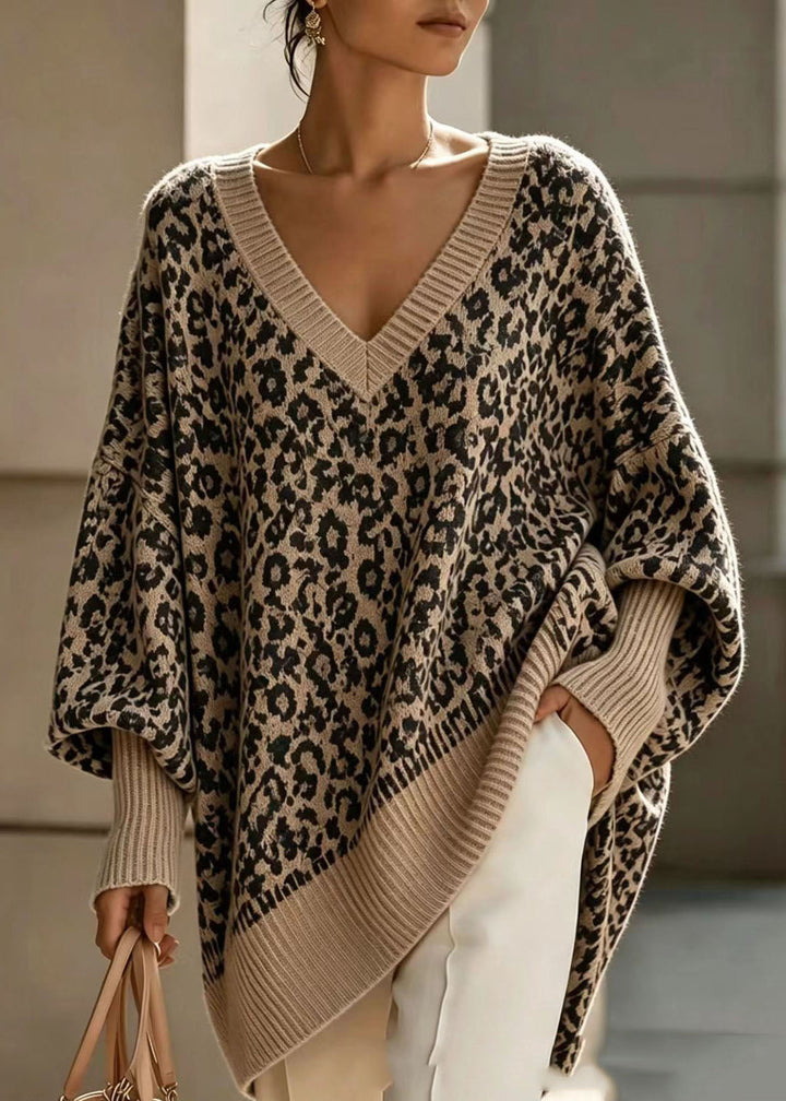 Suéter de mujer con cuello en V, mangas largas y estampado de leopardo