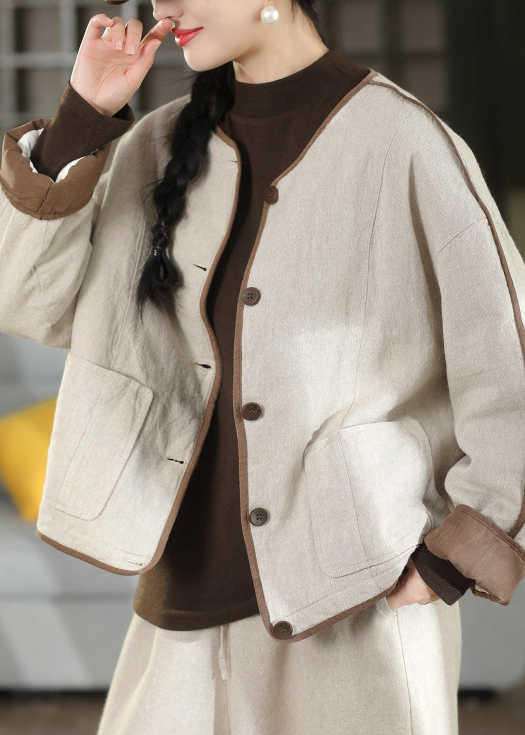 Damen Jacke mit Taschen, Knöpfen und Rundhalsausschnitt