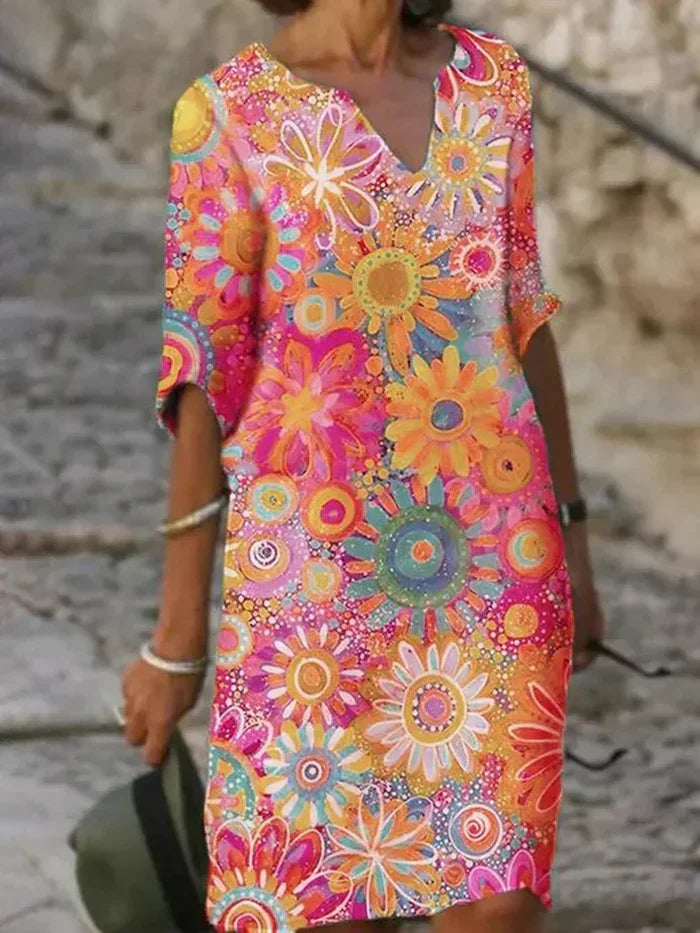Beth | Buntes Blumenkleid mit V-Ausschnitt und langen Ärmeln