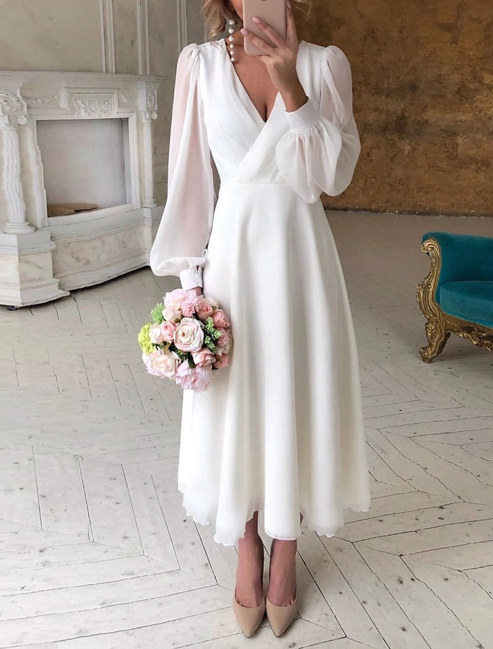 Chic Midi Hochzeitskleid für Damen mit V-Ausschnitt und langen Ärmeln