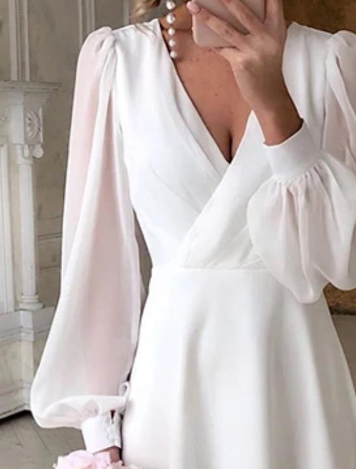 Chic Midi Hochzeitskleid für Damen mit V-Ausschnitt und langen Ärmeln