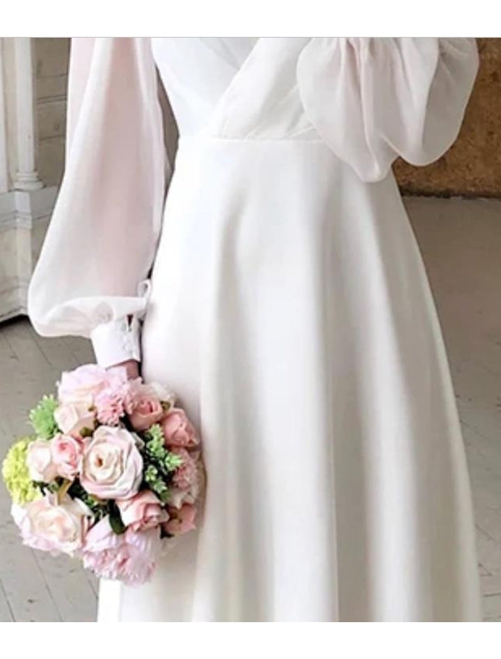 Chic Midi Hochzeitskleid für Damen mit V-Ausschnitt und langen Ärmeln