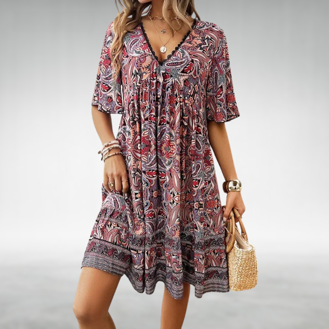 Marielle | Boho-Swingkleid mit V-Ausschnitt und langen Ärmeln