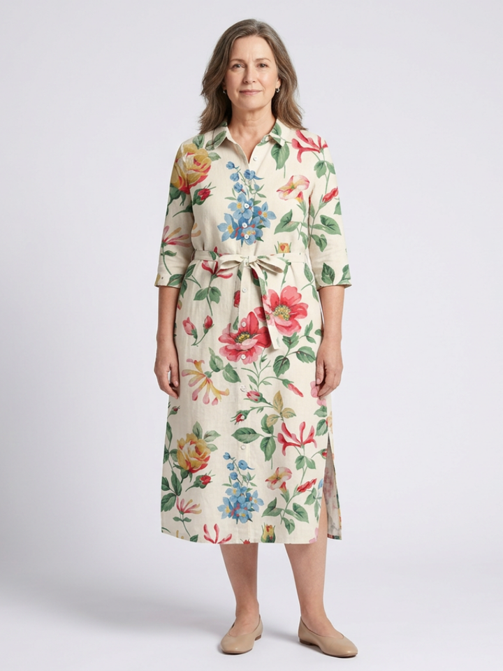 Maribel | Knopf-Front Halbarm Blumen-Midi-Kleid für Damen
