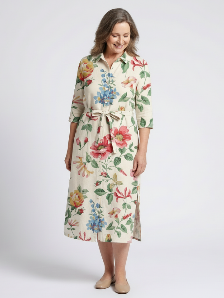 Maribel | Knopf-Front Halbarm Blumen-Midi-Kleid für Damen