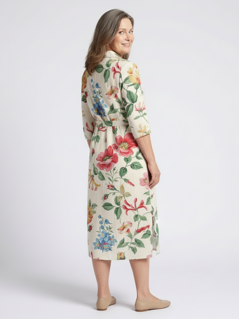Maribel | Knopf-Front Halbarm Blumen-Midi-Kleid für Damen