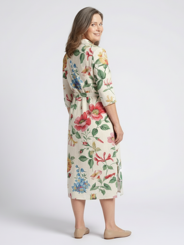 Maribel | Knopf-Front Halbarm Blumen-Midi-Kleid für Damen