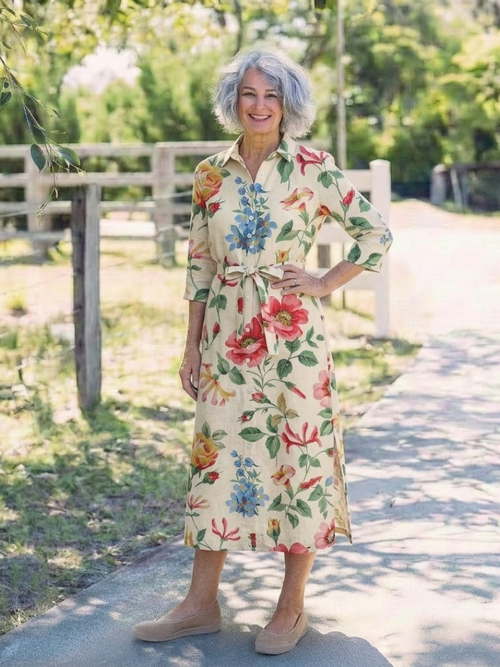 Maribel | Knopf-Front Halbarm Blumen-Midi-Kleid für Damen