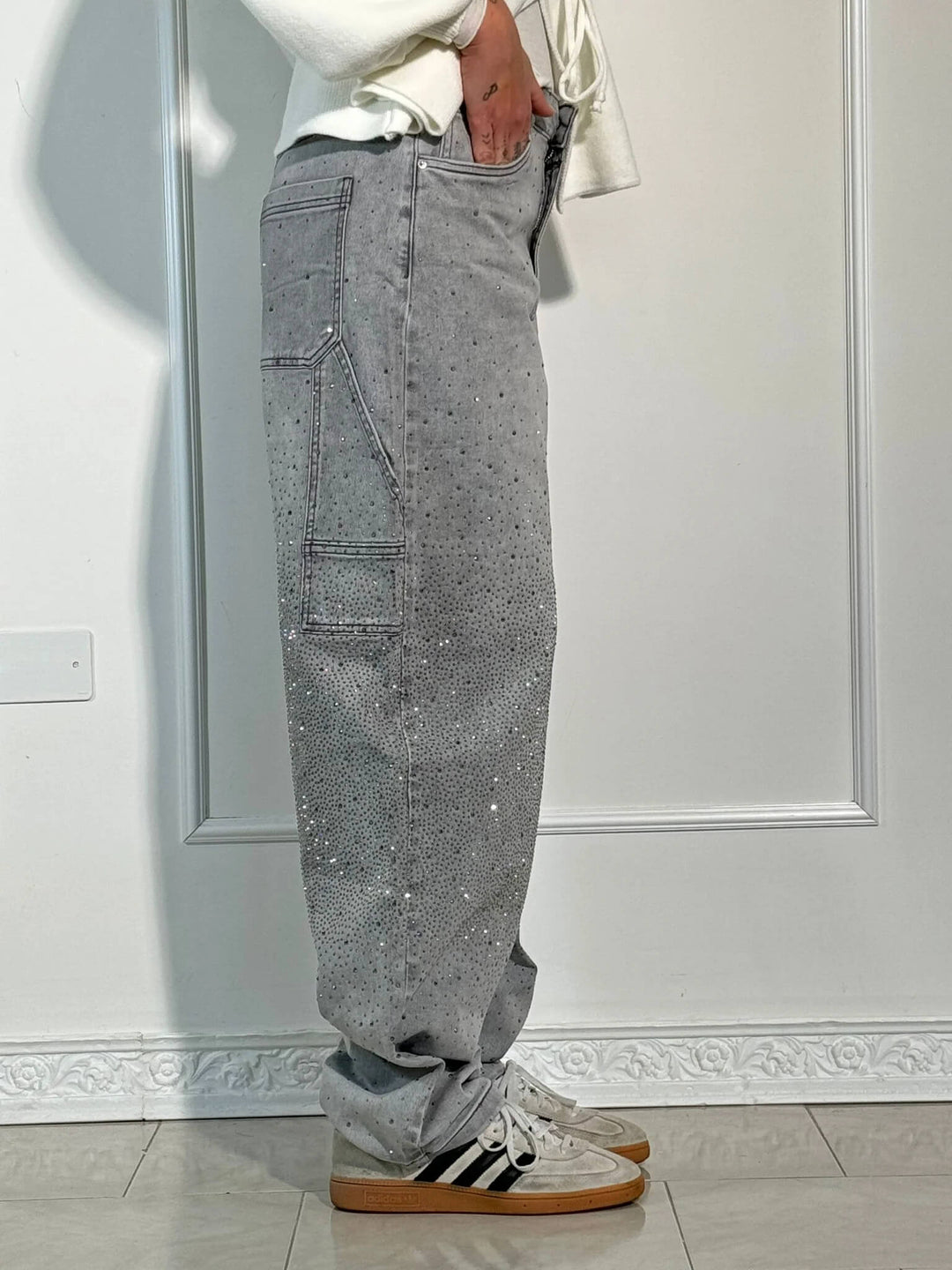 Glänzende Carpenter-Style Denim-Jeans für Damen mit weiter Passform und hohem Bund