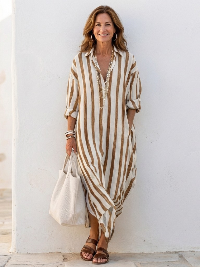 Naomi | Langärmliges gestreiftes Midi-Hemdkleid für Damen