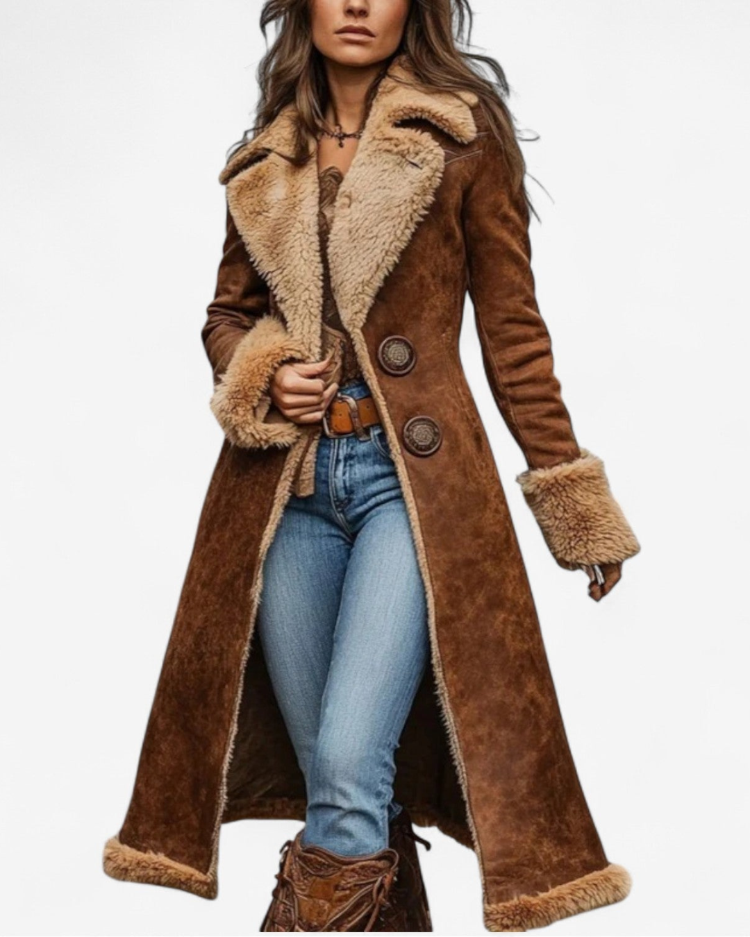 Retro-Stil Lange Jacke für Damen mit Kunstfell-Akzenten