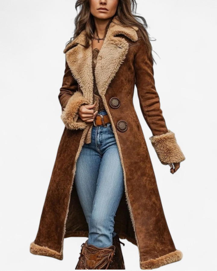 Retro-Stil Lange Jacke für Damen mit Kunstfell-Akzenten