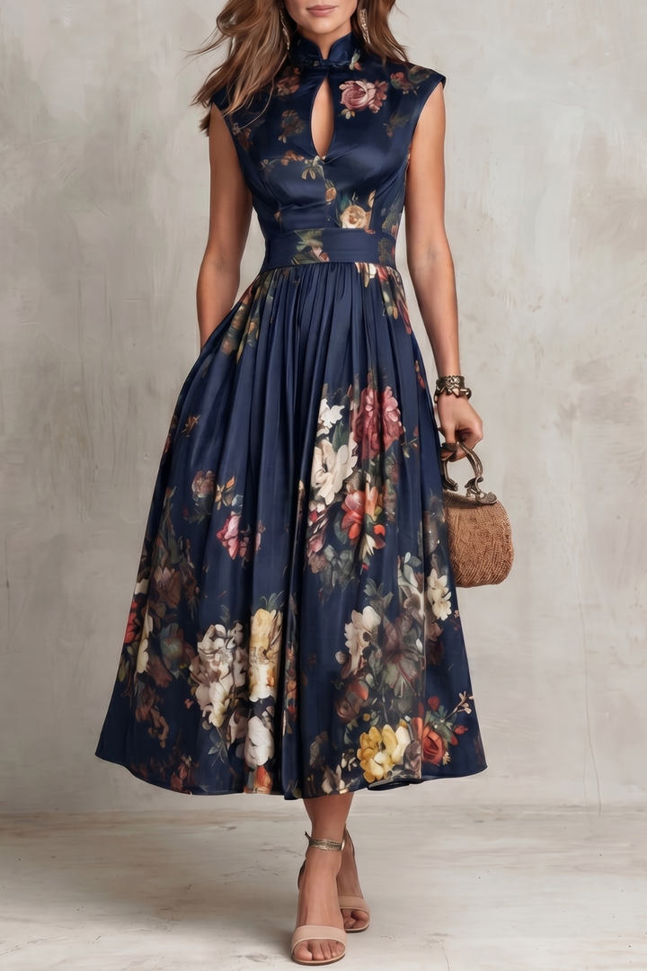 Elena | Damen ärmelloses Midikleid mit Blumenmuster
