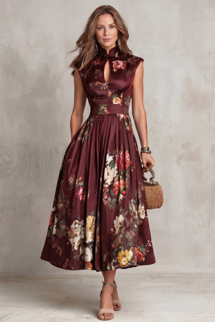 Elena | Damen ärmelloses Midikleid mit Blumenmuster