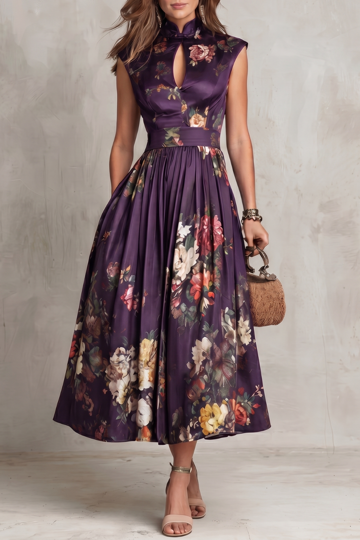Elena | Damen ärmelloses Midikleid mit Blumenmuster
