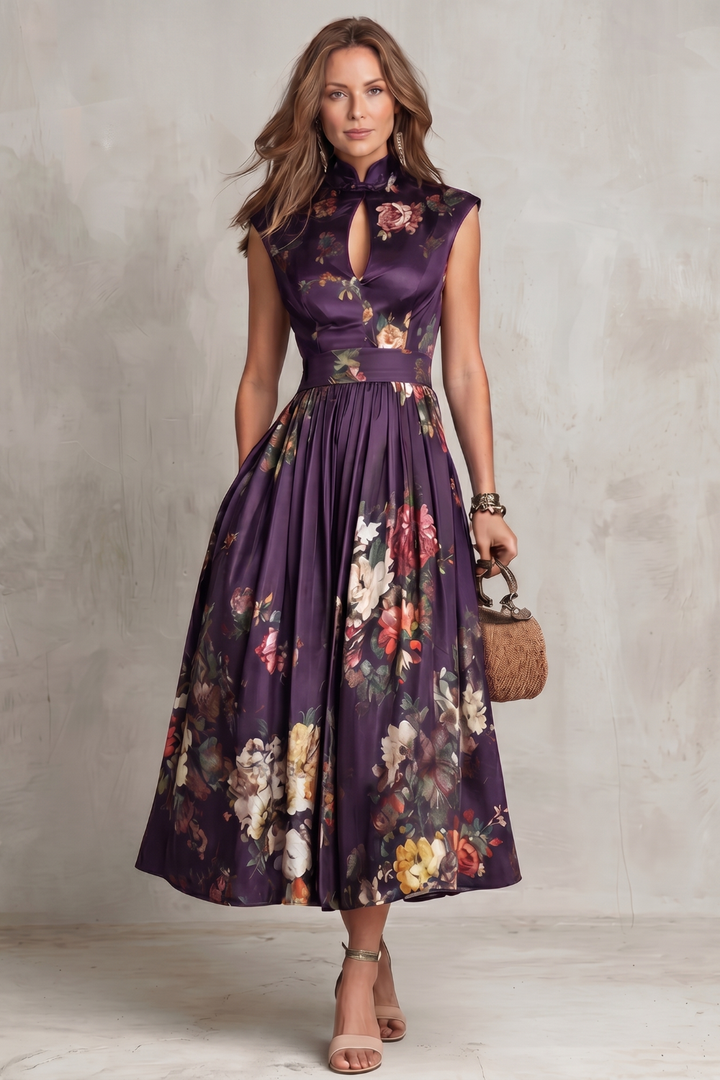 Elena | Damen ärmelloses Midikleid mit Blumenmuster