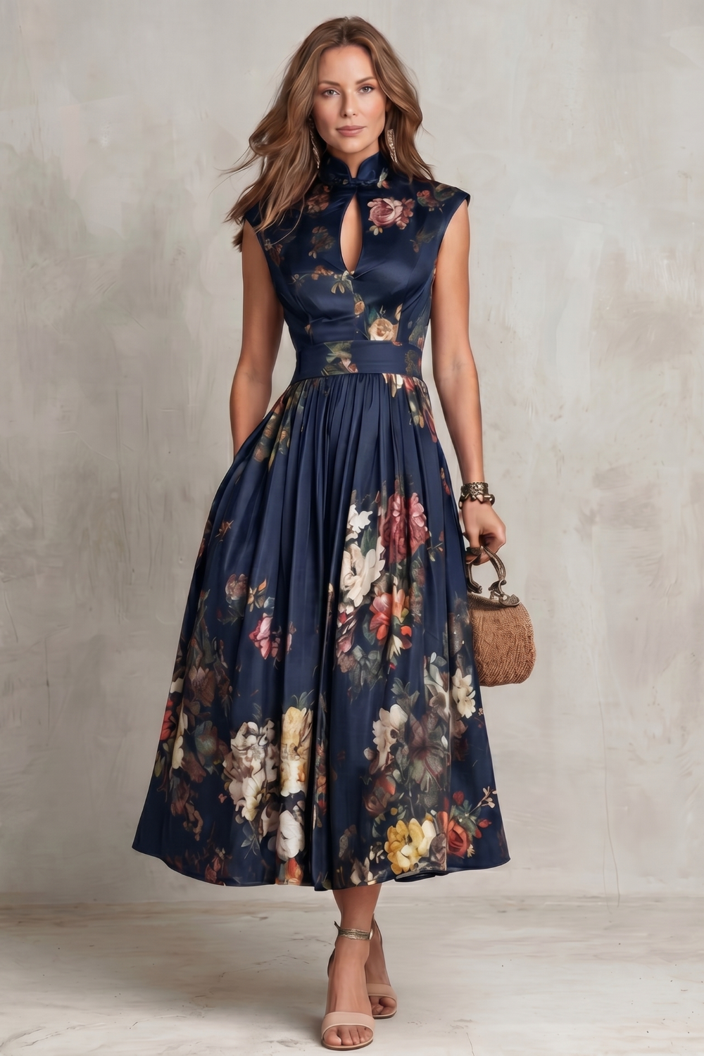 Elena | Damen ärmelloses Midikleid mit Blumenmuster