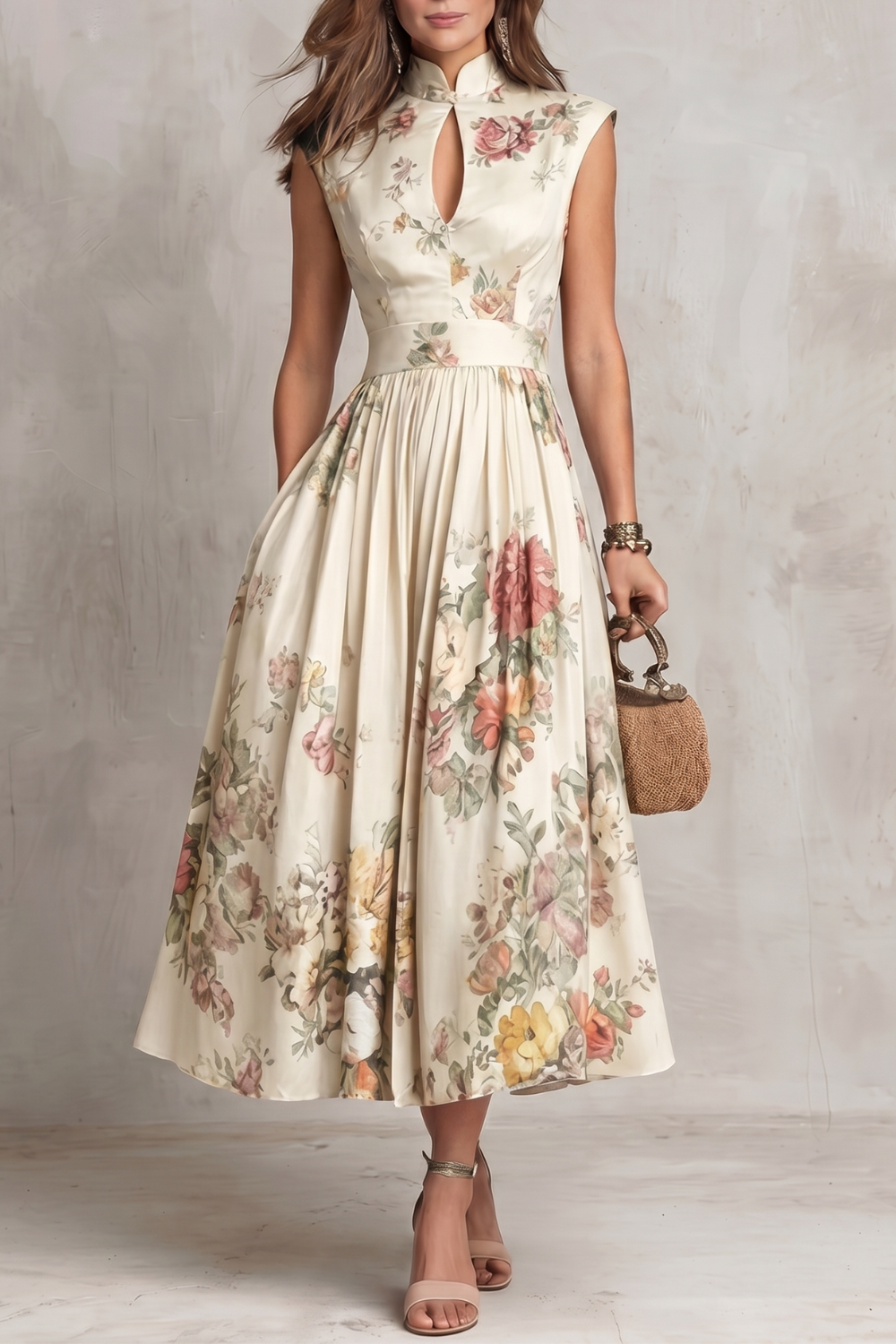 Elena | Damen ärmelloses Midikleid mit Blumenmuster