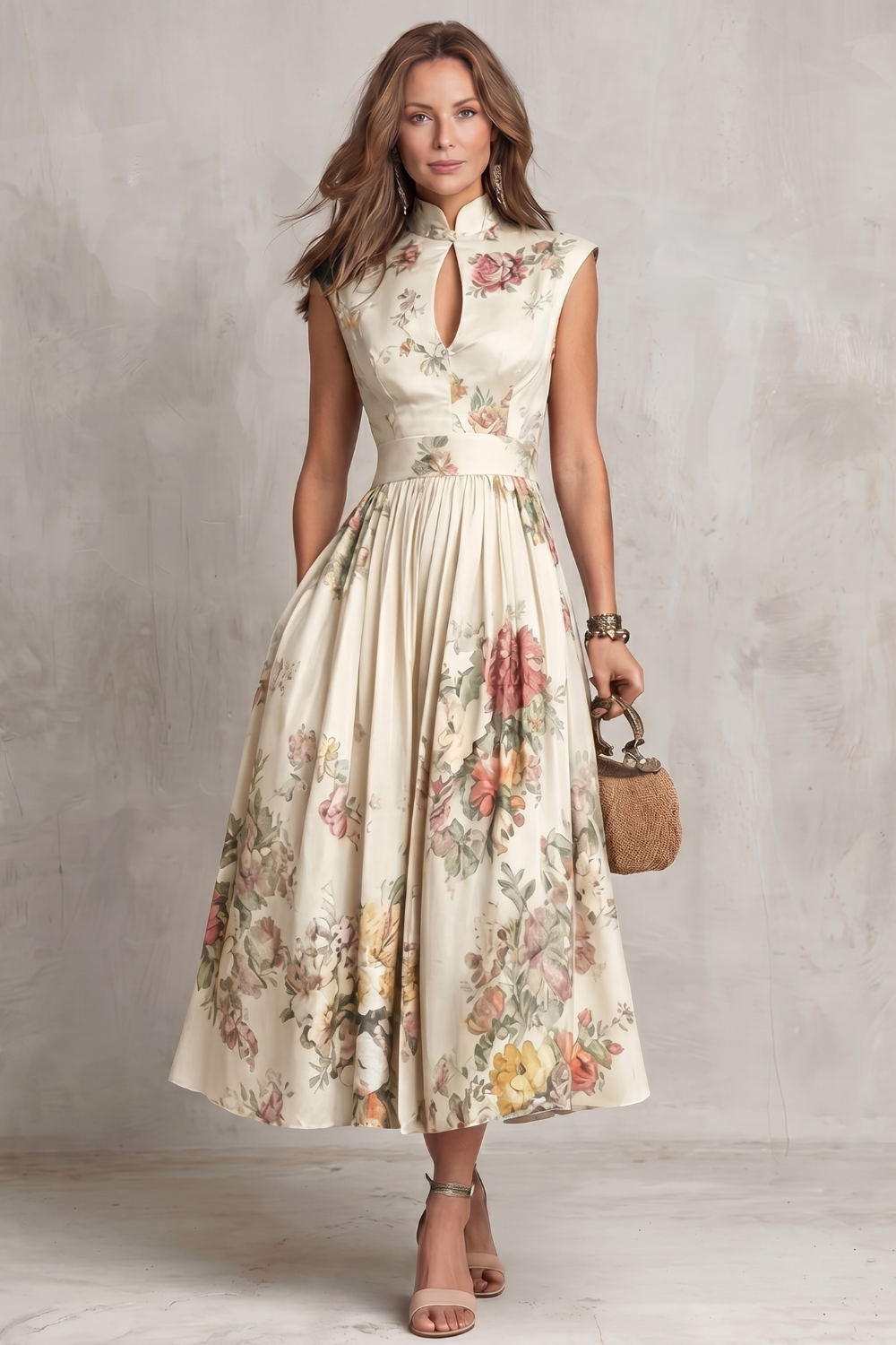 Elena | Damen ärmelloses Midikleid mit Blumenmuster