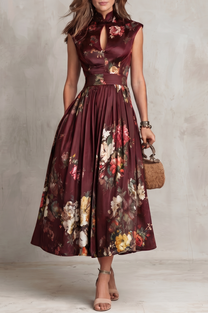 Elena | Damen ärmelloses Midikleid mit Blumenmuster