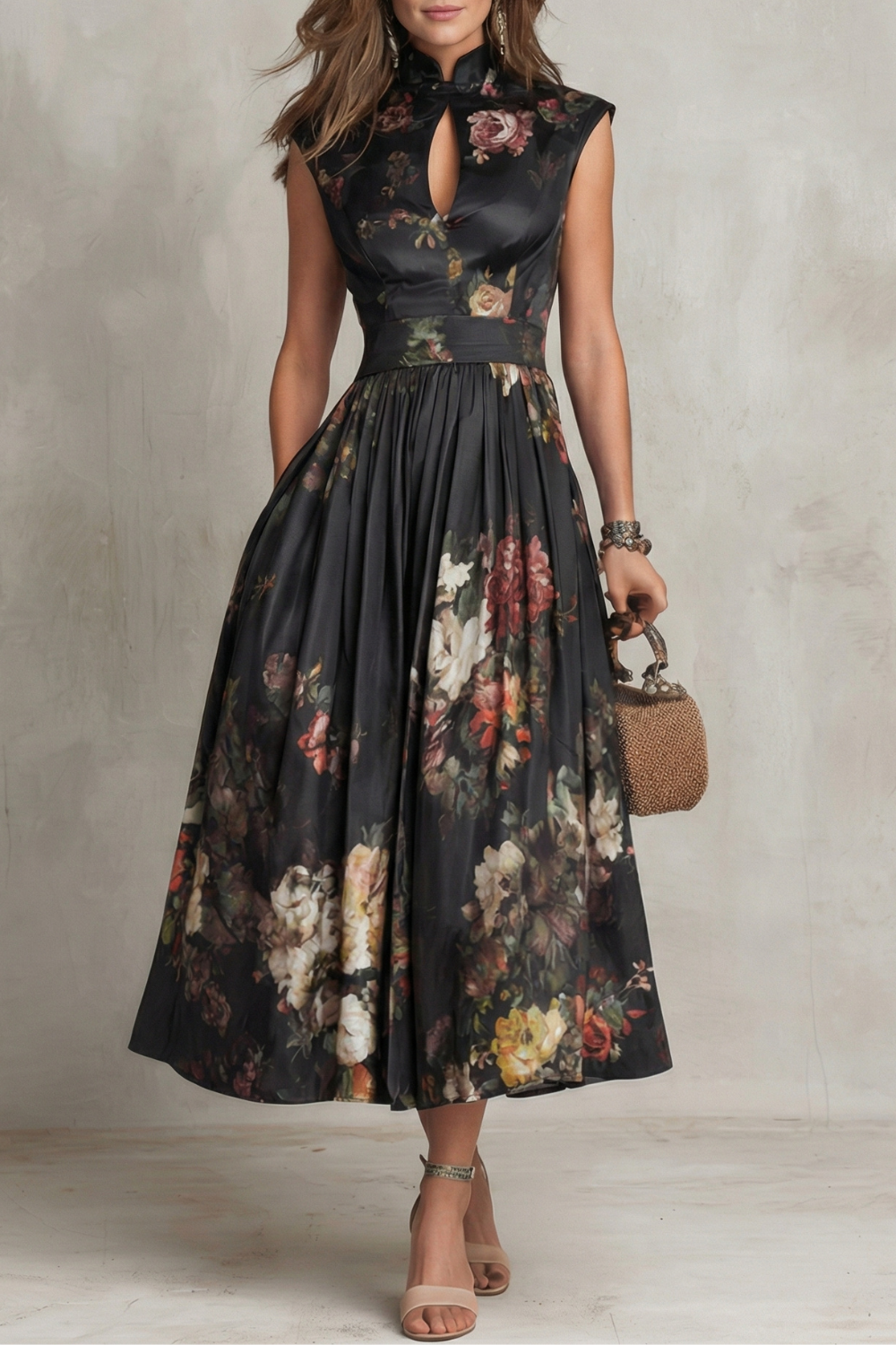 Elena | Damen ärmelloses Midikleid mit Blumenmuster