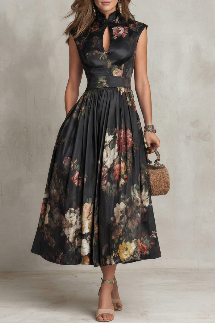 Elena | Damen ärmelloses Midikleid mit Blumenmuster