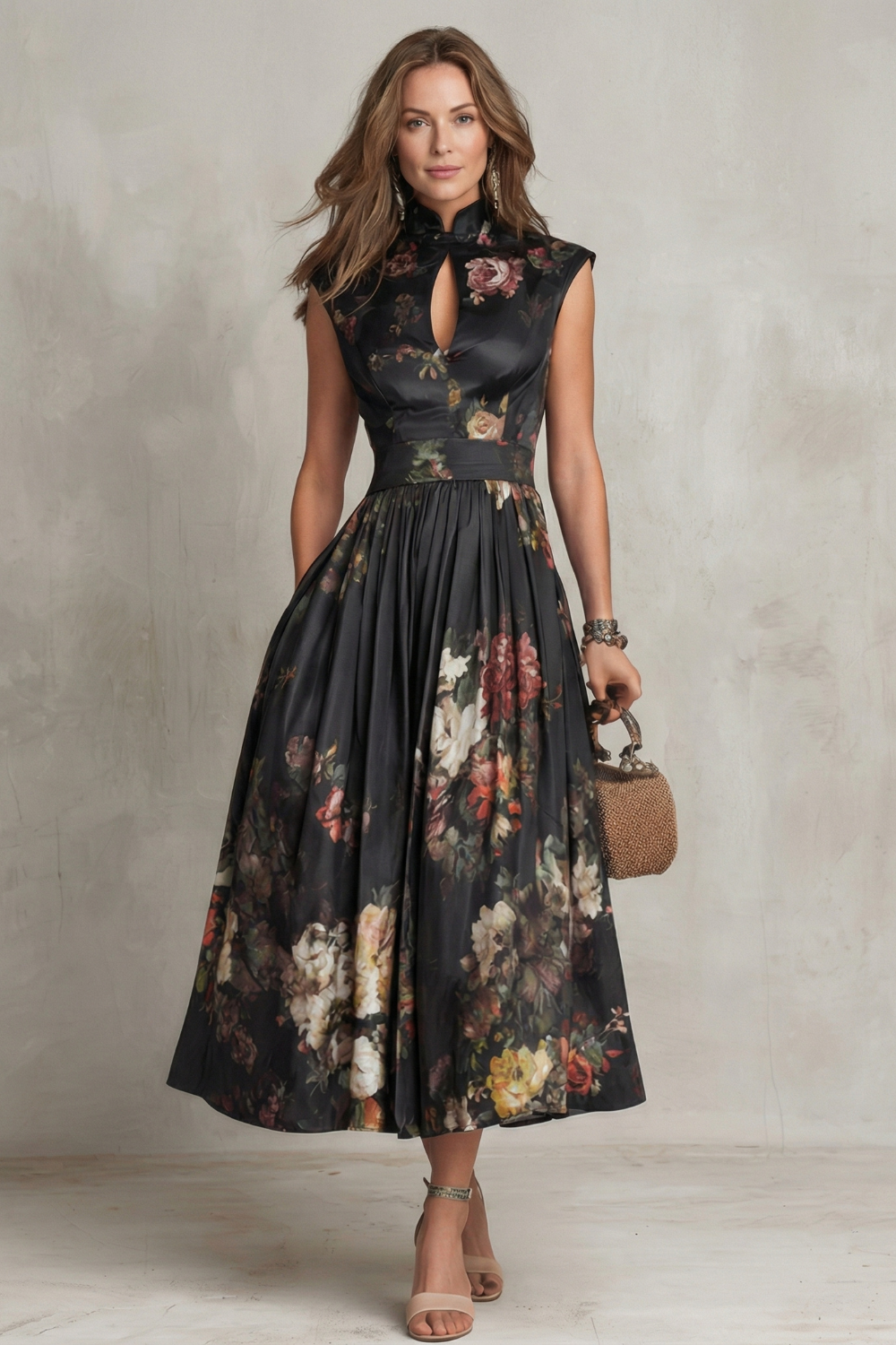 Elena | Damen ärmelloses Midikleid mit Blumenmuster