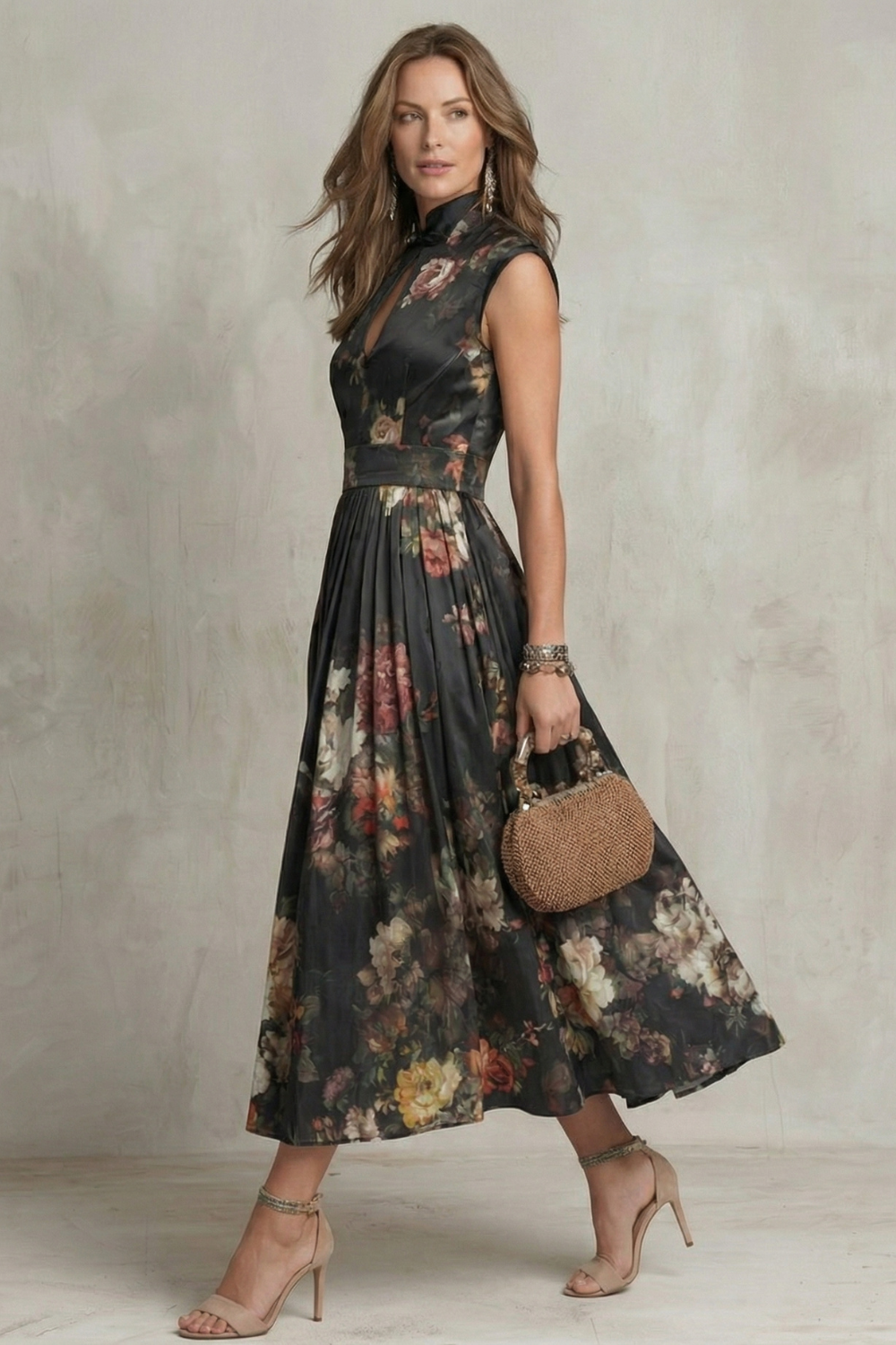 Elena | Damen ärmelloses Midikleid mit Blumenmuster