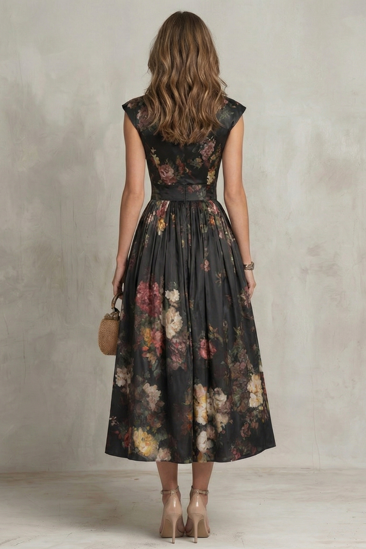 Elena | Damen ärmelloses Midikleid mit Blumenmuster