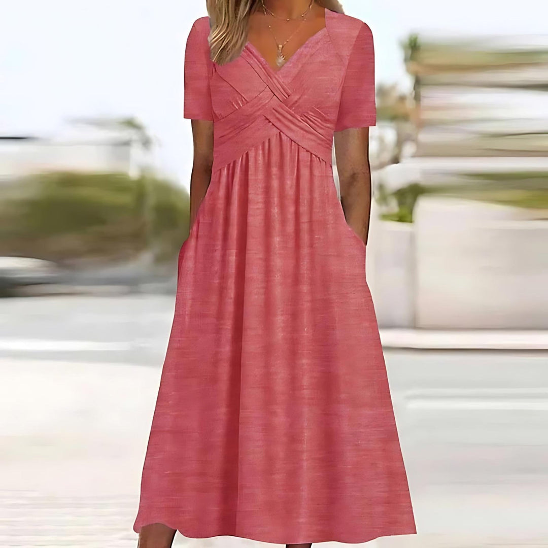 Sacha | Lässige Eleganz Midi-Kleid für Damen mit V-Ausschnitt und kurzen Ärmeln