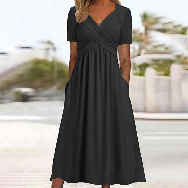 Nora | Stilvolles Maxikleid für Damen mit V-Ausschnitt und kurzen Ärmeln