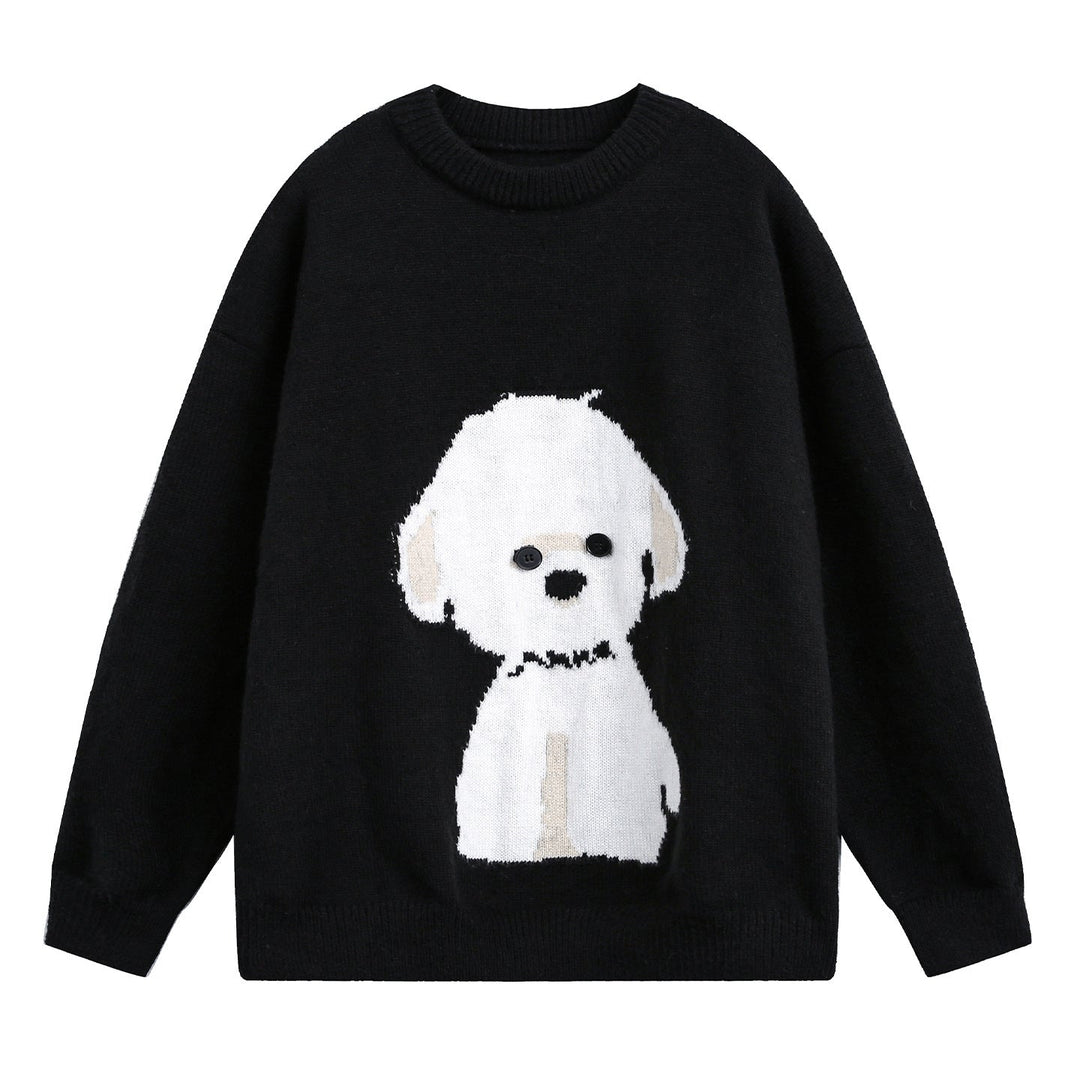 Damen Oversized Pullover mit Hundemotiv und Rundhals