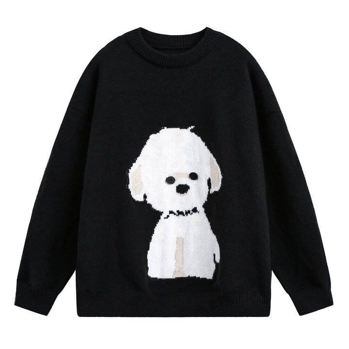 Damen Oversized Pullover mit Hundemotiv und Rundhals