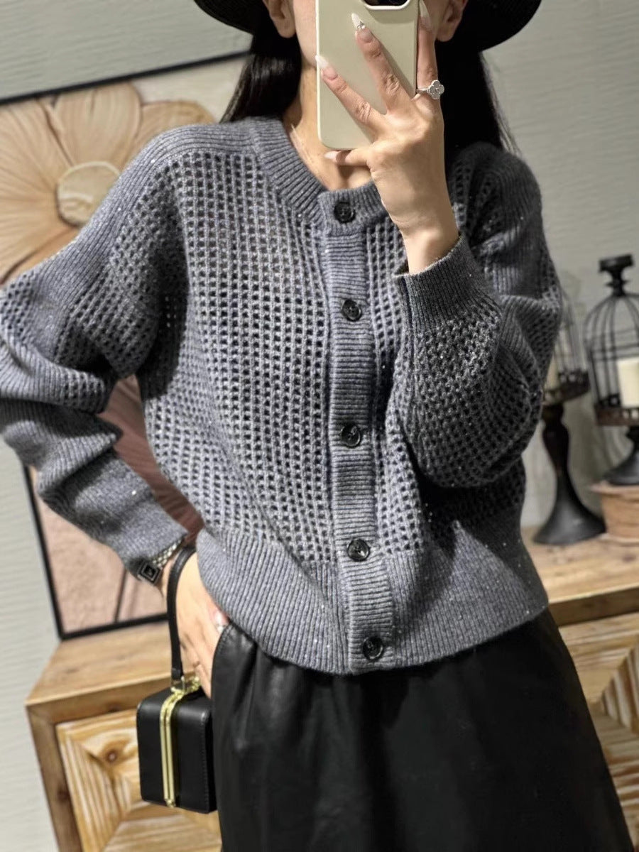 Damen Mesh-Cardigan mit Knopfleiste, Rundhalsausschnitt und langen Ärmeln